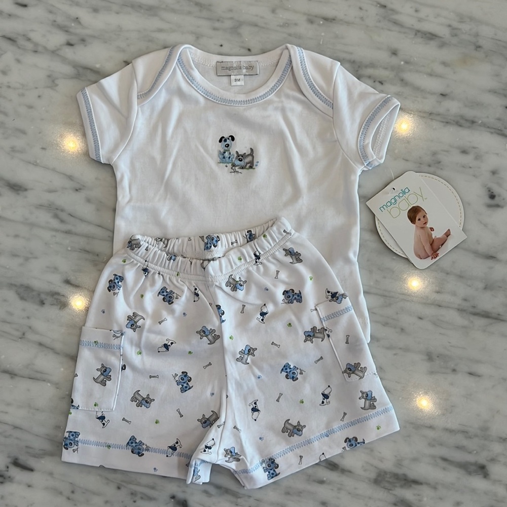 New Magnolia Baby Play date Puppy Embroidered Short Set